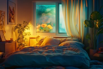 Cozy Bedroom with Soft Lighting and Beautiful Flower View