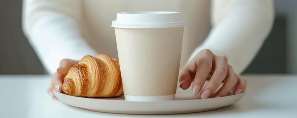 Close-up of female hands with coffee cup and croissant on a tray