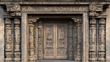 Fototapeta premium Intricate Ancient Temple Doorway Surrounded by Isolated Wood Carvings and Detailed Relief Artwork