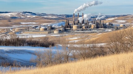 Obraz premium Winter Landscape Featuring an Oil Refinery in the Distance