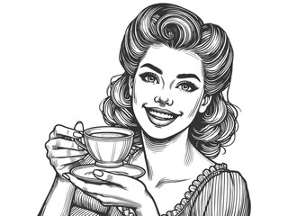 Smiling Retro Woman Drinking Coffee vector