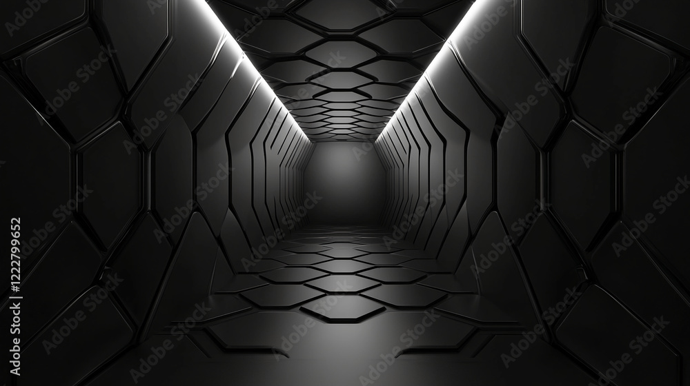 Poster futuristic black corridor with hexagonal walls and glowing light