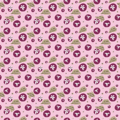 Floral pattern. Seamless pattern with wild field pink flowers and lettering. Illustration in sketch and color style. Doodle and line drawing. Summer design for textile, packaging, paper, scrapbooking.