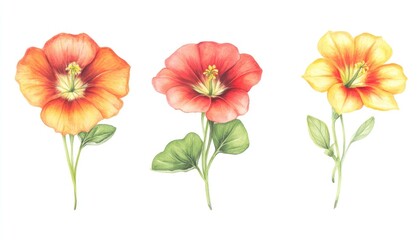Obraz premium Three vibrant hand-drawn flowers in orange, red, and yellow showcasing their delicate petals and leaves