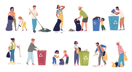 People cleaning trash. Volunteers community clean up garbage, man woman children collect litter in rubbish bag waste can volunteer work cleanup help, classy vector illustration