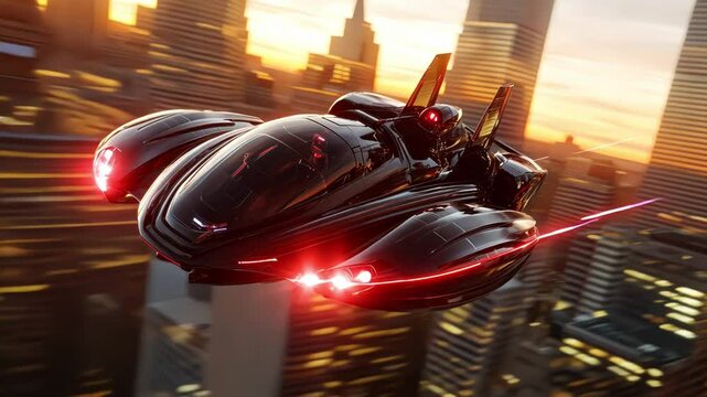 A sleek futuristic hovercraft soaring above a city skyline at sunset.