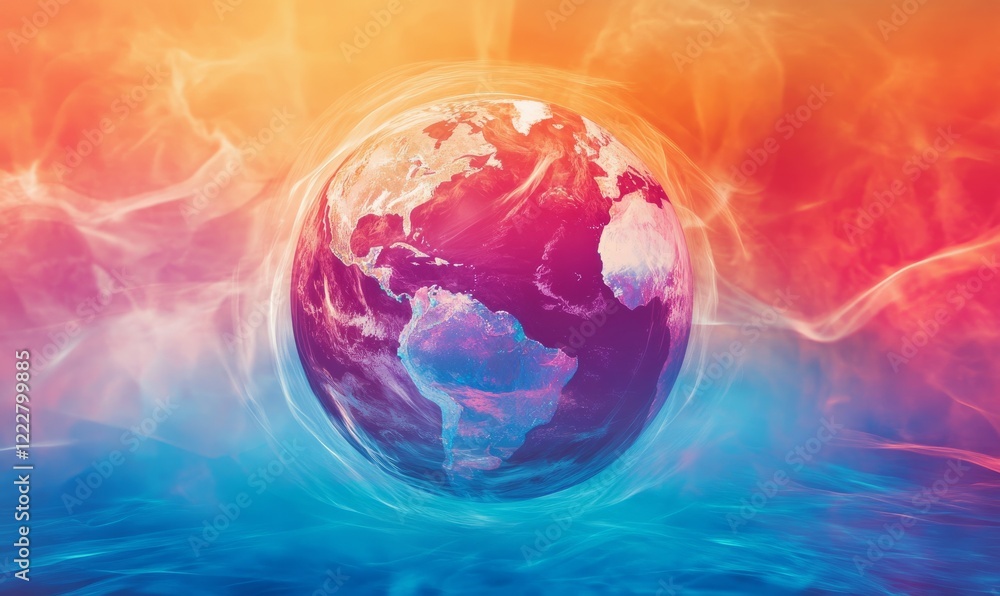 Poster globe with a red and blue color scheme. the globe is surrounded by a blue and orange background