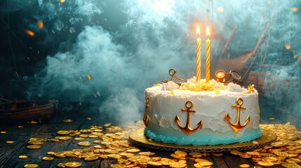 A decorated cake with candles and gold coins, set in a misty, festive atmosphere.
