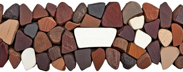 Fototapeta premium Decorative Wooden Stone Mosaic Border Brown Beige and White Pebbles Texture