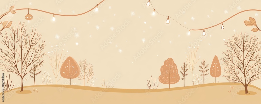 Poster a serene landscape with stylized trees and string lights, creating a warm, inviting atmosphere.
