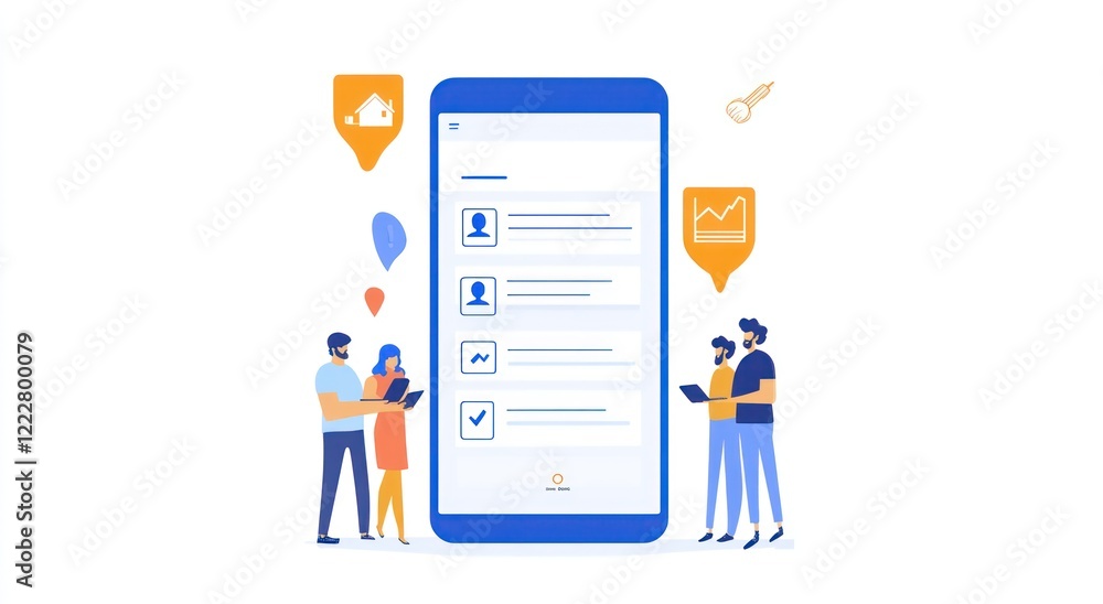 Poster illustration of a mobile app interface with people interacting and analyzing data.