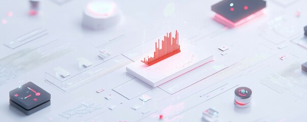 Minimal futuristic white digital layout showcasing tech graphs, candlestick charts, and cyber-inspired coding patterns