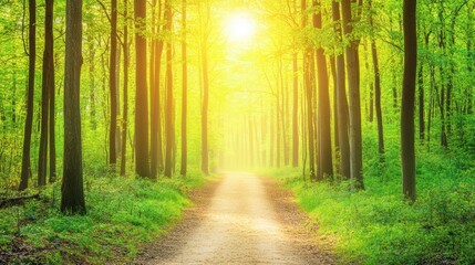Fototapeta premium Sunlit path through lush green forest.