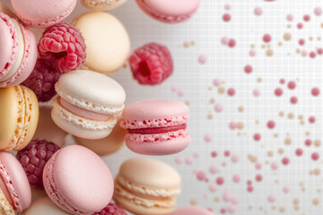 Obraz premium Delicate macarons and fresh raspberries create a visually stunning dessert display, perfect for gourmet enthusiasts and confectionery lovers.