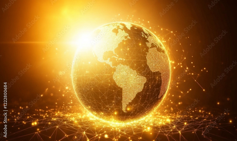 Poster globe with a network of lines and dots surrounding it. the globe is lit up in a warm, golden hue