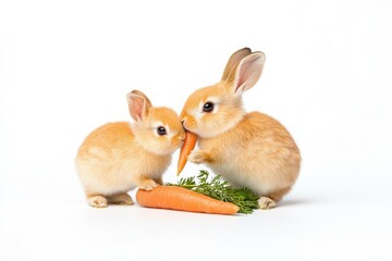Two adorable rabbits playfully sharing a carrot on a clean white background, showcasing their playful interaction