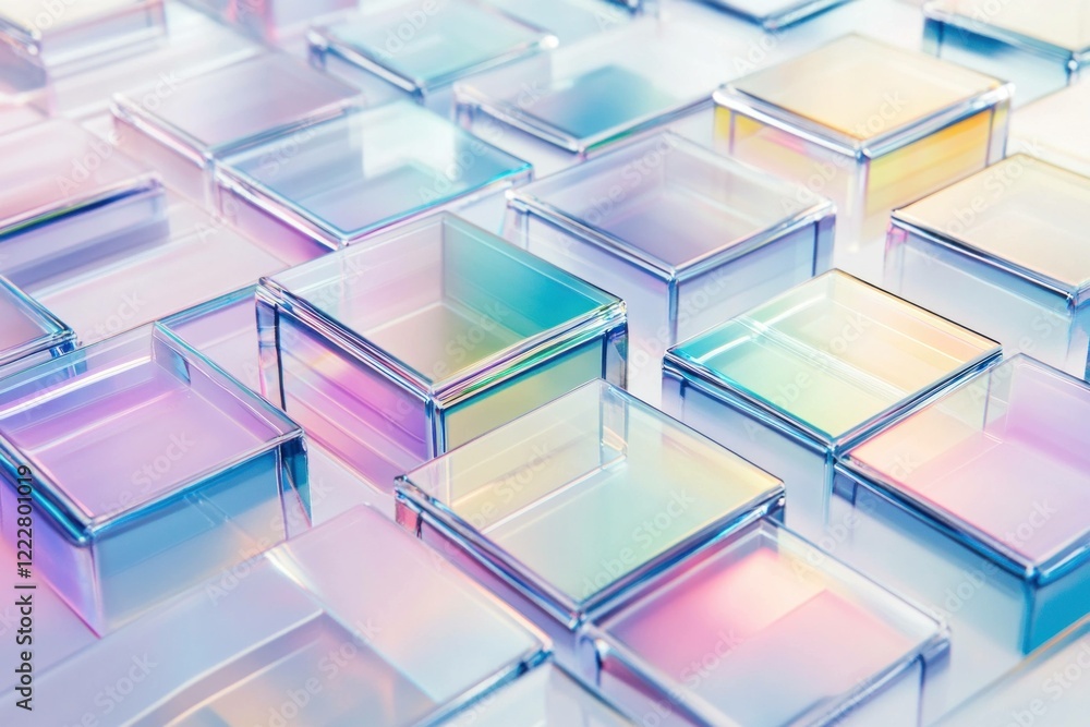 Poster colorful translucent boxes arranged harmoniously on a reflective surface, creating a vibrant and mod