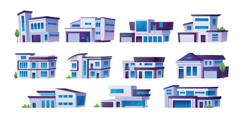Naklejka premium Modern suburban houses. Cartoon contemporary american european suburb house set, residential villa family home cottage townhouse housing facade exterior, swanky vector illustration