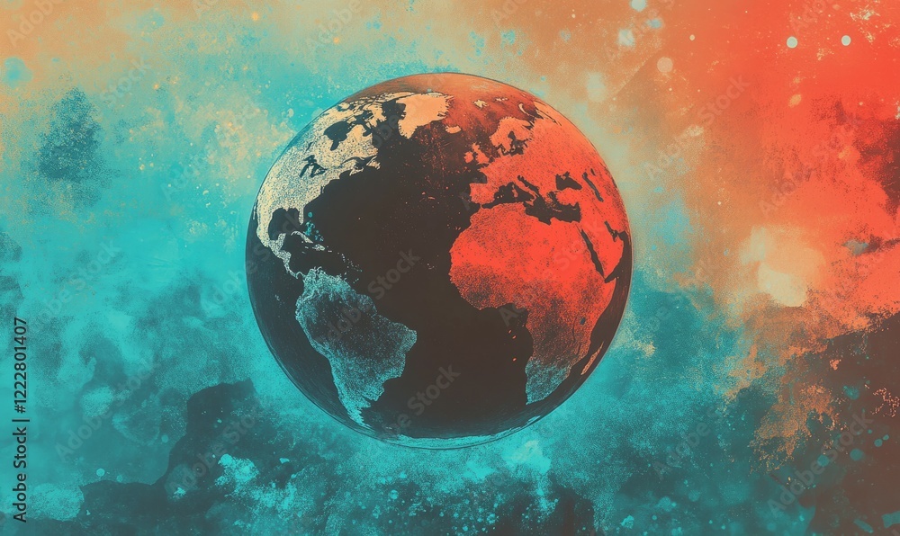 Poster globe with a red and blue color scheme. the globe is surrounded by a blue and orange background