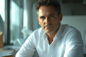 A pensive middle-aged man in a white shirt, sits thoughtfully in a modern office.