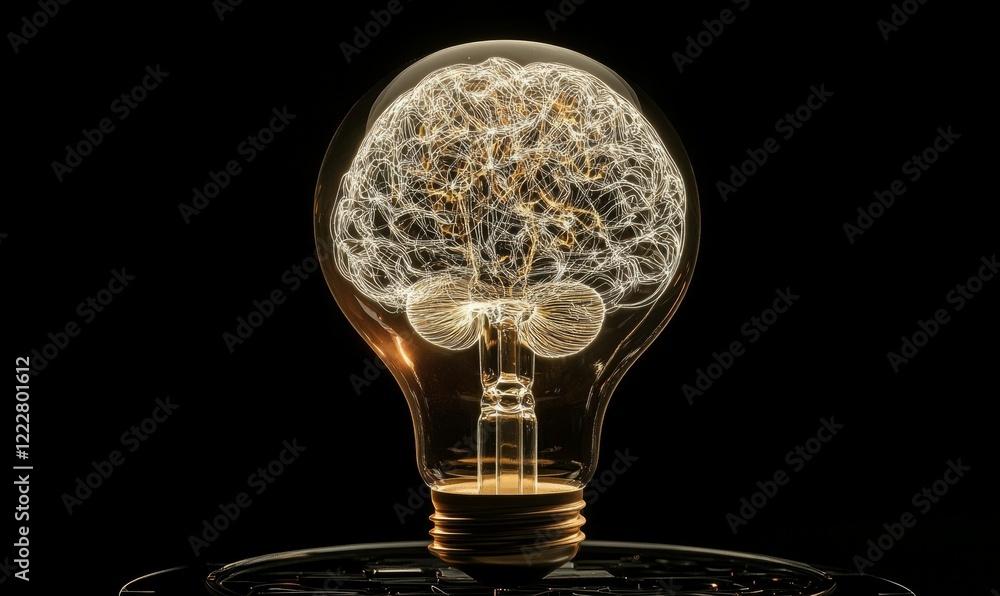 Aufkleber glowing brain is inside a light bulb. the bulb is surrounded by a network of wires and circuits.