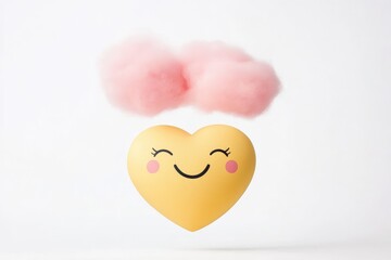 Fototapeta premium A cheerful yellow heart-shaped figure with smiling face and pink fluffy clouds above, symbolizing joy