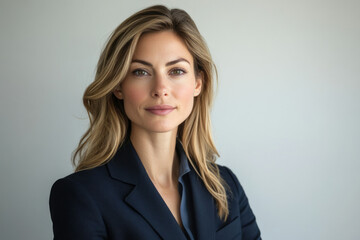 Confident businesswoman with blonde hair in a navy blue blazer, looking directly at the camera.