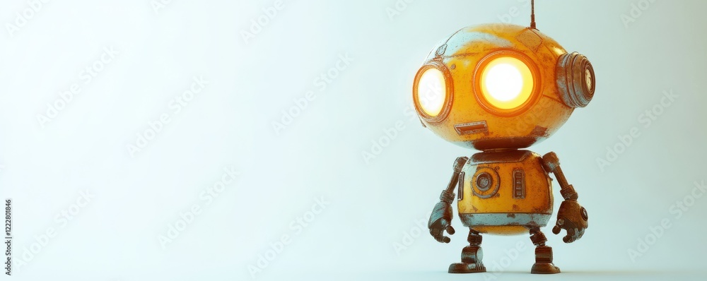 Poster retro futuristic orange robot with glowing eyes in empty space