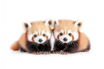 Fototapeta premium Two adorable red pandas cuddling closely together on a white background, showcasing their playful nature