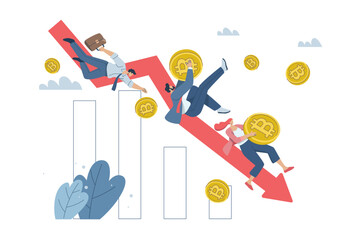 Crypto price falls, The value of cryptocurrencies continue to falling, Risk in trading markets, Investors hold bitcoins and other coins depreciate as the red arrow, Flat vector design illustration.