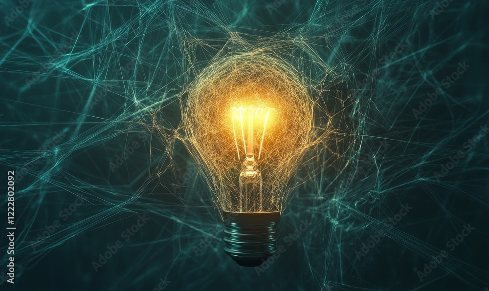 Poster glowing light bulb is surrounded by a web of lines. the bulb is lit up and the lines are glowing as 