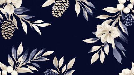 Elegant floral border pattern with pine cones leaves on navy background