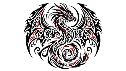 Tribal Dragon Illustration with Symmetrical Wings and Swirling Tail