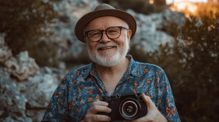 A smiling older man with glasses and a camera in a natural outdoor setting.