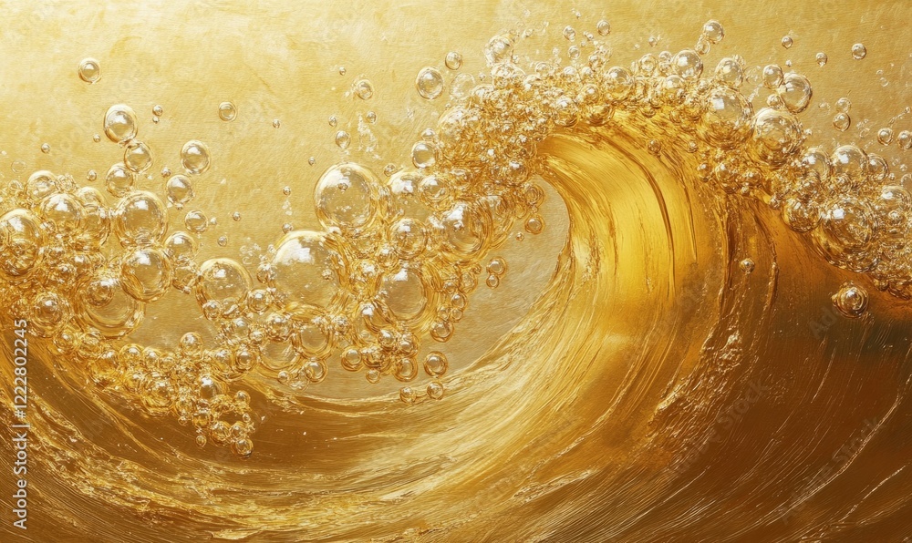 Poster gold colored wave with bubbles on it. the bubbles are small and scattered throughout the wave. scene