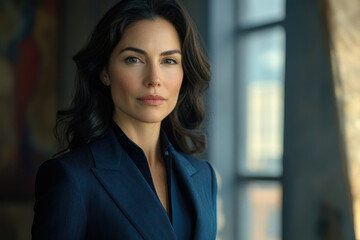 Obraz premium A confident woman in a navy blue blazer, looking directly at the camera with a serious expression.