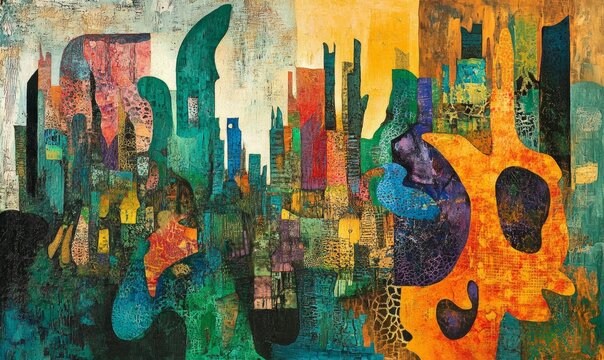 image captures vibrant cityscape with abstract forms representing overpopulation, evoking sense of urgency and reflection