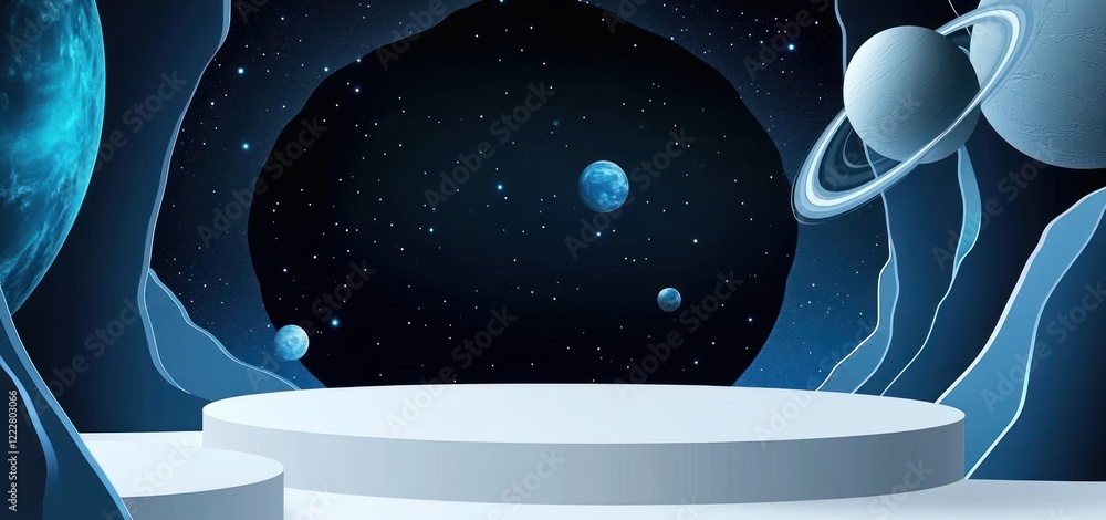 Poster futuristic cosmic scene with planets and a product display platform.