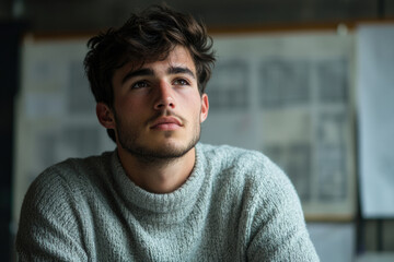 Fototapeta premium Thoughtful young man with brown hair and beard, wearing a grey turtleneck sweater, looks upward.