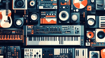 Obraz premium A vibrant collage of musical instruments and equipment showcasing sound creation.