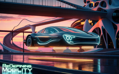 Obraz premium Futuristic car navigating through neon-lit city streets