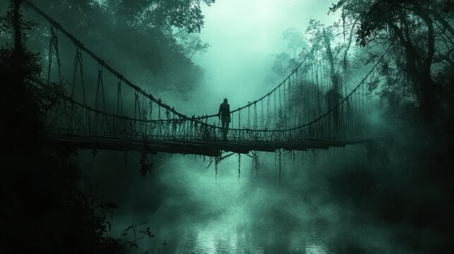 Fototapeta A solitary figure crosses a dilapidated rope bridge in a misty forest