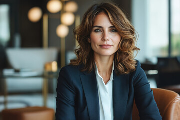 Confident businesswoman in a navy blazer, exuding professionalism and success in a modern office setting.