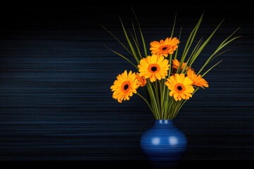 Orange gerbera daisies in blue vase dark striped background