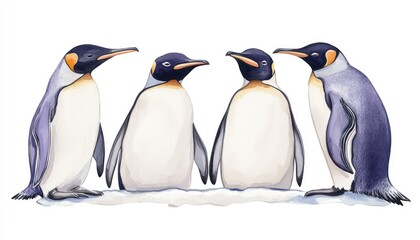 Obraz premium Four emperor penguins standing together on a snowy landscape, animated style, engaging in conversation