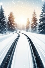 Fototapeta premium Snowy winter road winding with falling snowflakes