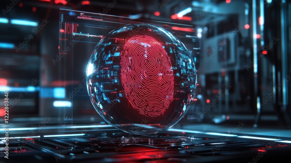 Poster digital fingerprint sphere in futuristic technology setting
