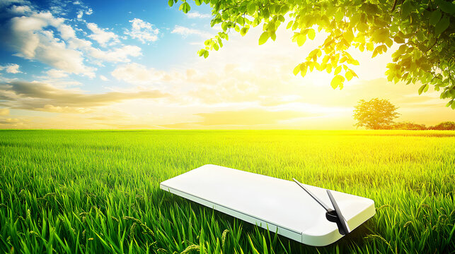 Serene sunrise over lush green rice paddy field; blank white surface with chopsticks offers product placement potential.