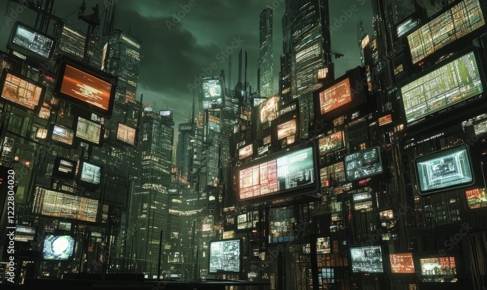 Poster image of screens and data processing over cityscape