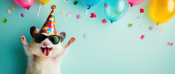 A cheerful hamster in sunglasses and a party hat celebrates with balloons and confetti.